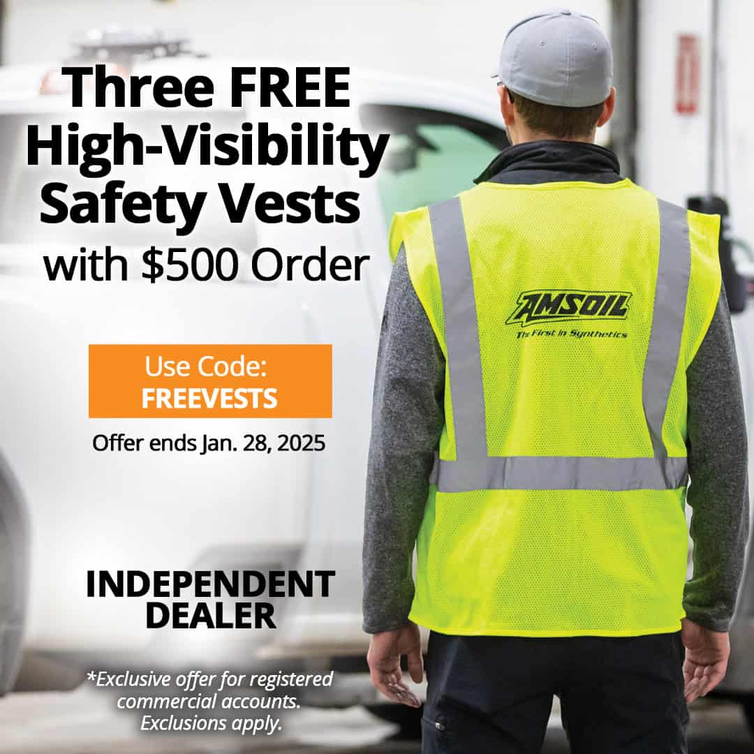 Three free AMSOIL high-visibility safety vests with order of $500 or more